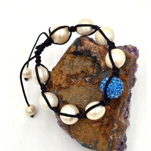 Freshwater 12mm Pearl Shamballa Bracelet Blue Austrian Crystals Adjustable